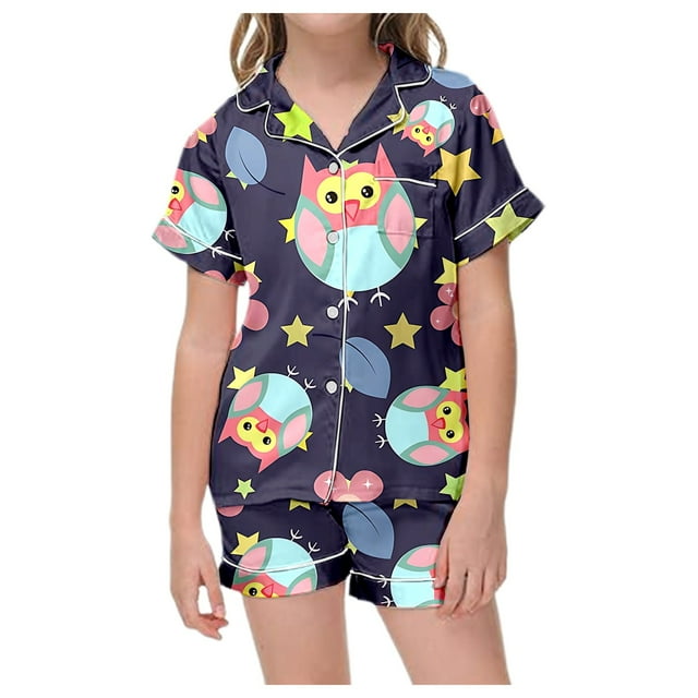 TZEWGL Pajamas For Girl Cute Printed Short Sleeve Button Up Top And Shorts 2 Pcs Set Jammies For Kids size 7-8T