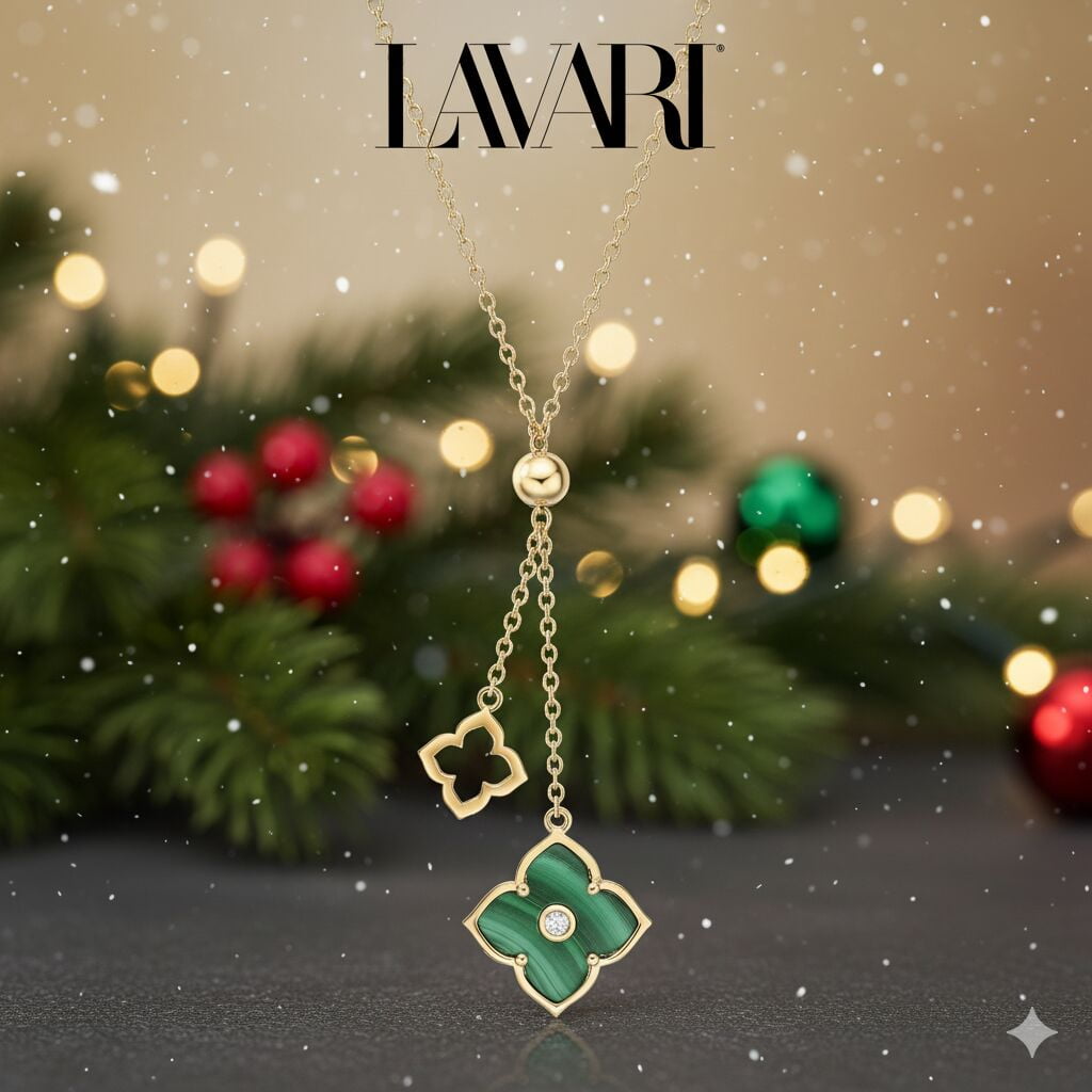 Malachite and Cubic Zirconia Double Flower Pendant Necklace for Women in 925 Sterling Silver with Yellow Gold Plating 16 to 18 Inches Adjustable Spring Ring by Lavari Jewelers