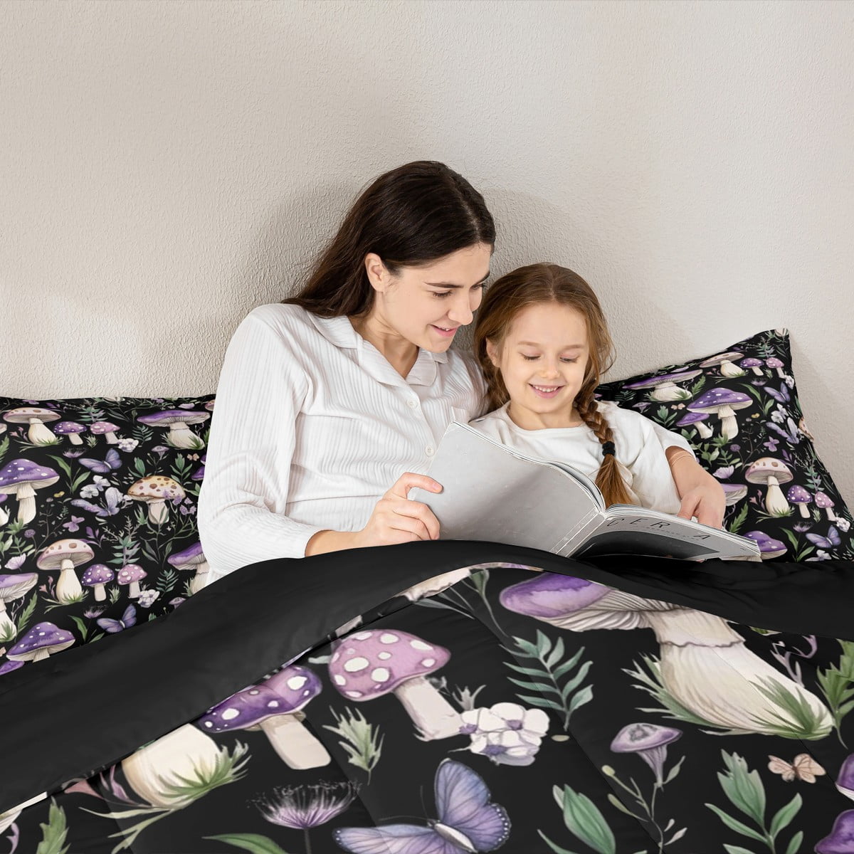 Homewish Rustic Mushroom 7pcs Bedding Comforter Set,Country Farmhouse Lodge Queen Bedding Sets,Purple Butterflies Queen Sheet Sets For Girl,Microfiber Bedroom Decor Reversible