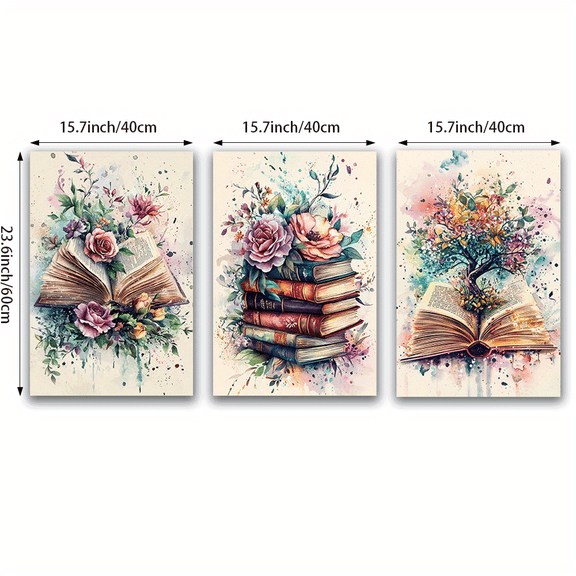 3pcs Set Classic Floral & Tree Book Canvas Wall Art Prints, 15.7x23.6inch, Modern Unframed Wax Painting, Horizontal Oblong Shape, Seasonal Decor for Home Office, Bedroom, Living Room