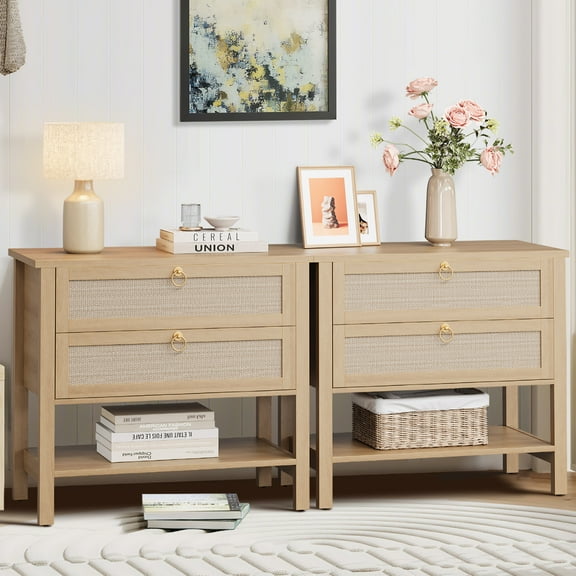 Gaderth Nightstands Set Of 2, Wood End Table, Rattan Night Stand Bedside Table With Drawers Storage Shelf, Narrow Bedside Table For Bedroom Living Room