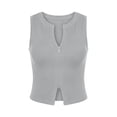 thumbnail image 4 of VNKIDY Womens Solid Color Ribbed Knit Sleeveless Zip Front Crop Top Notched Neckline For Casual Daily Wear Grey M, 4 of 4