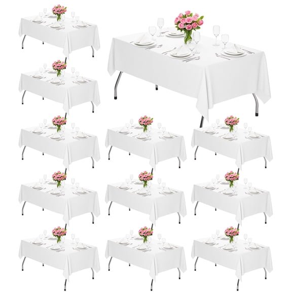 KUOGO 12 Pack White Tablecloth 60 x 122 Inch Polyester Table Cloth for 8 Foot Rectangle Tables, Wrinkle Resistant Washable Decorative Fabric Table Covers for Wedding Party Banquet Buffet and Camping