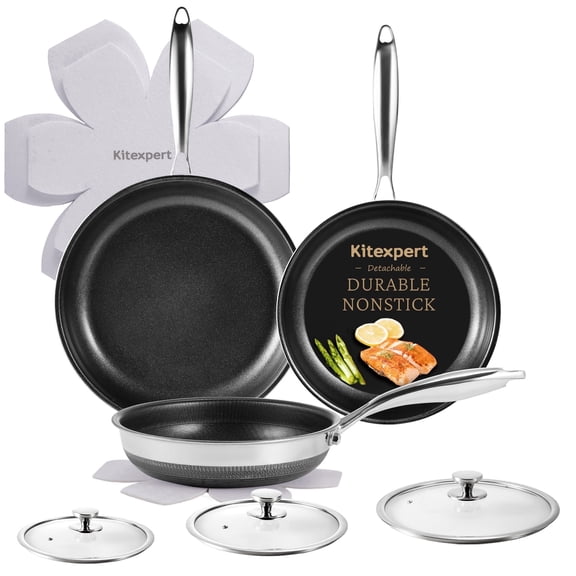KITEXPERT Nonstick Frying Pans Set, 6 Pcs (8, 10, 12") Skillet with Lid, Non-Toxic Titanium Ceramic Pan, Dishwasher & Oven Safe, All Cooktops Compatible