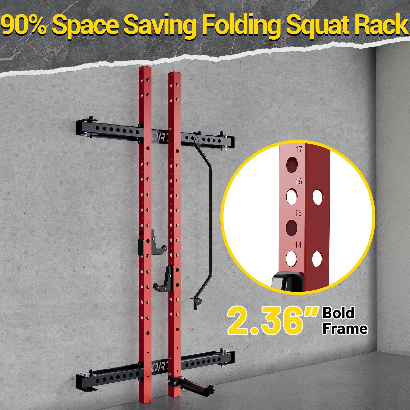 TROPOW Folding Wall Mounted Squat Rack – 1000 lbs Capacity Power Rack for Home Gym, Space-Saving Foldable Squat Rack with Pull-Up Bar & Landmine, Heavy-Duty 2.36" x 2.36" Steel Frame Power Cage