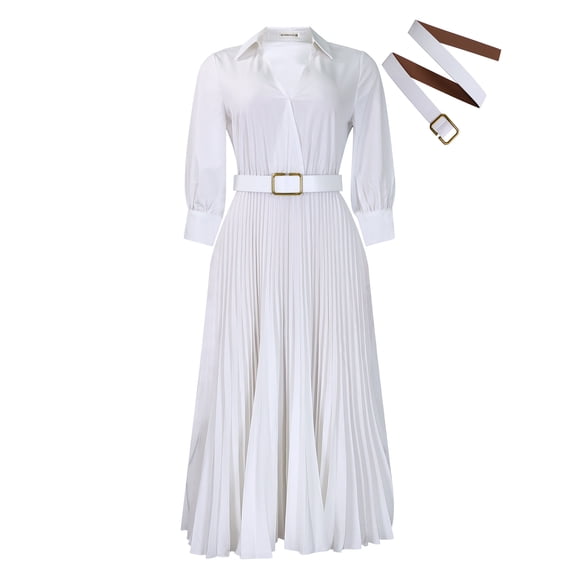 AURA Women’s Midi Dress V Neck High Waist A Line Three Quarter Sleeve With Belt S XXXL