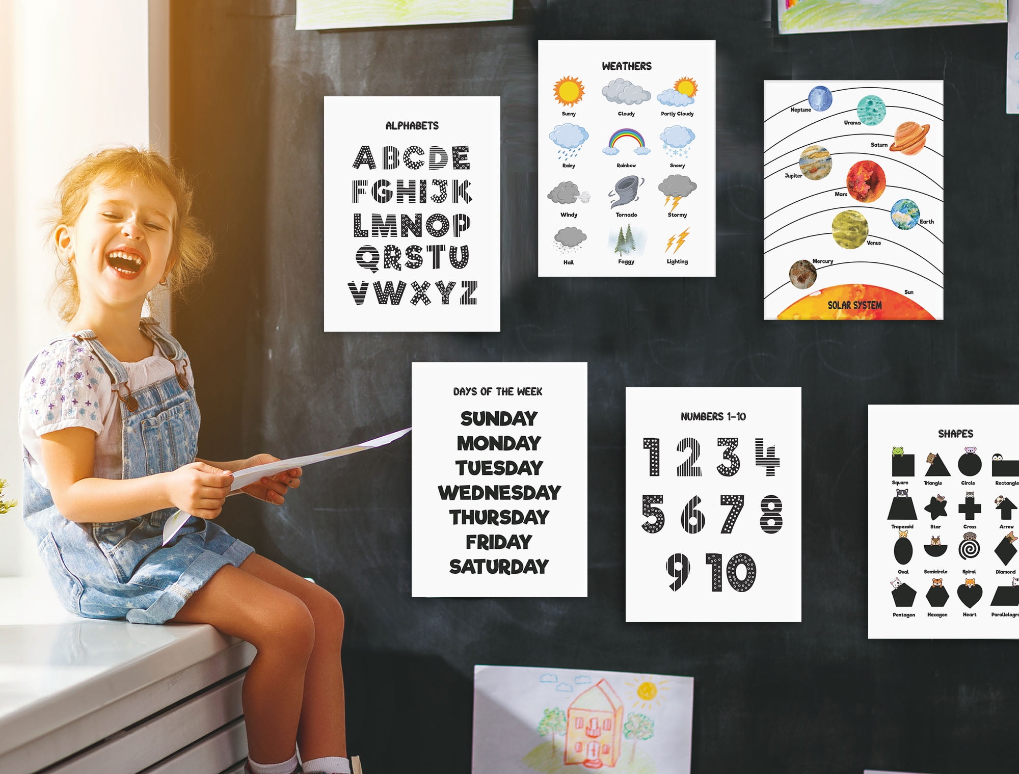 Traceease 10 Educational Posters for Classroom Decor & Kindergarten Homeschool Supplies Baby, Laminated Preschool Learning Chart Materials - Alphabet, Number 1-10, Part Of The Body, Seasons
