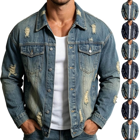 Men Lapel Collar Ripped Distressed Denim Jacket, Button Down Vintage Trucker Coat with Pockets, Loose Casual Jean Outerwear Light Blue XL(XL)