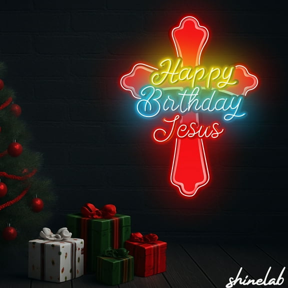 Shinelab Happy Birthday Jesus Neon Sign, Christian Cross LED Light for Christmas Decor 15365