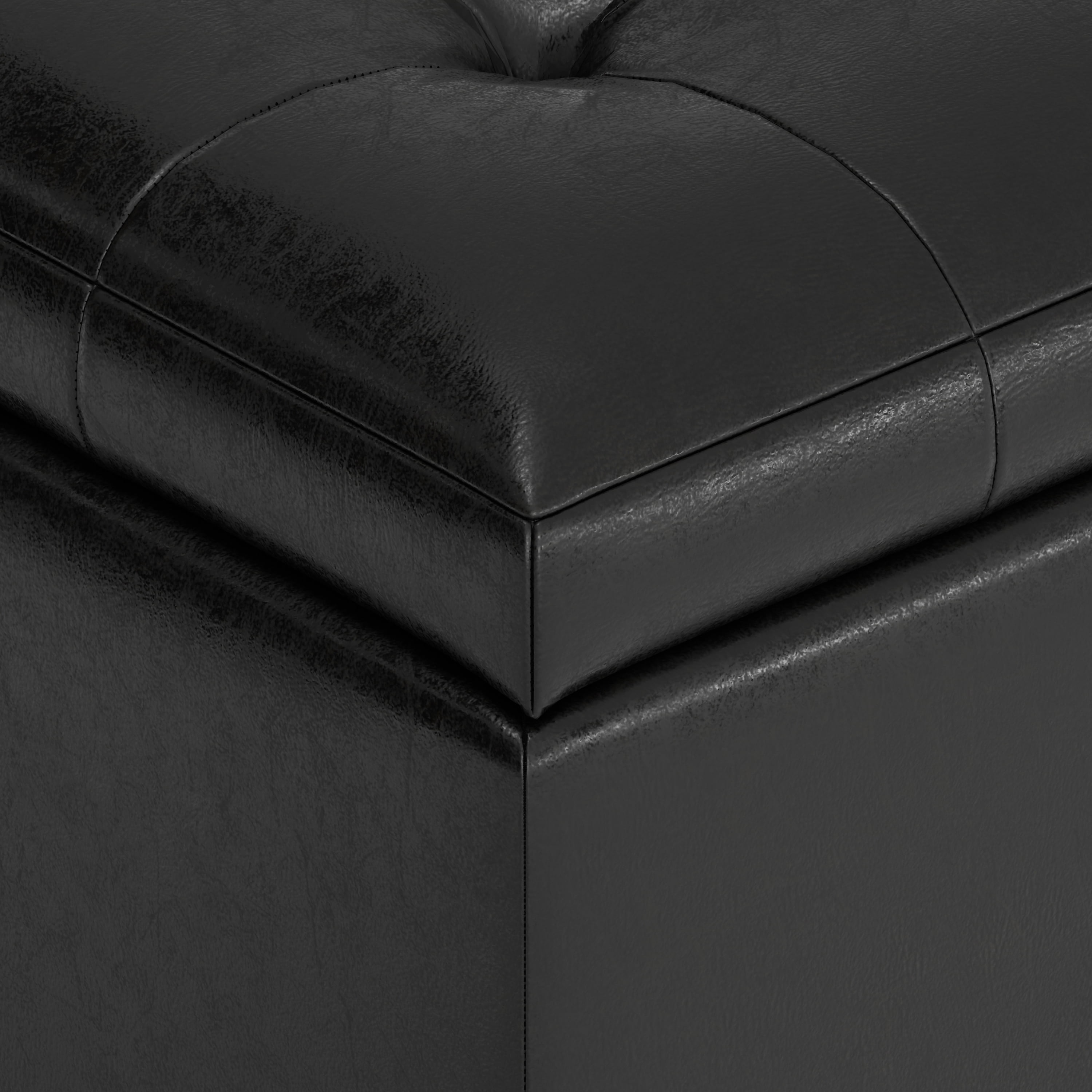 Simpli Home Cosmopolitan 34" Transitional Rectangle Ottoman in Black Faux Leather