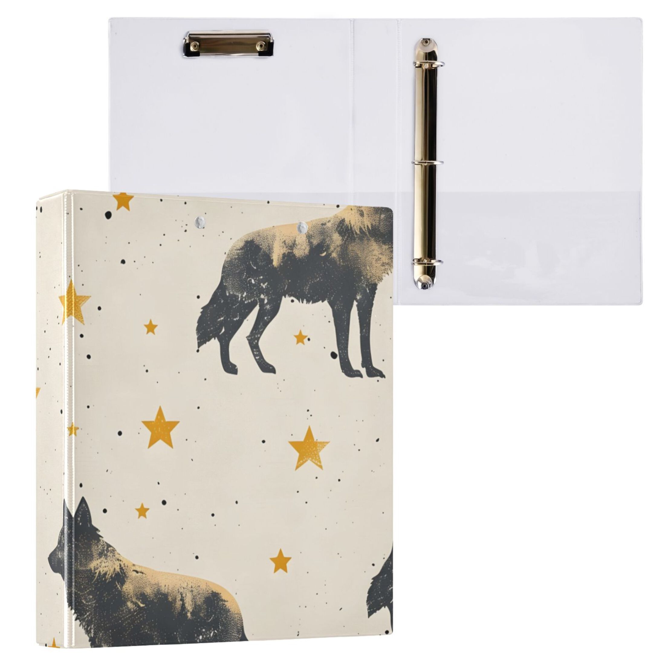 Wolf Stars 3 Ring Binders 1.5 inch Hardcover File Folders with Interior Pockets A4 Size Organizer for School Office Hospital