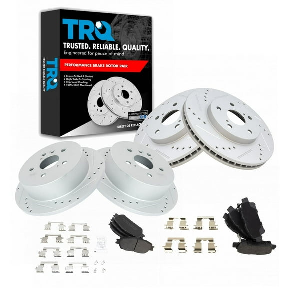 TRQ Front and Rear Performance Brake Pad & Rotor Kit Brake Pads Brake Rotors Set Semi-Metallic Premium G-Coated Fits Select 2004-2010 Toyota Sienna