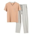 thumbnail image 3 of Mens Pajama Sets solid color Round Neck Short Sleeve T Shirt and pants Trousers With Pockets Loose Casual Two Piece Set Sleepwear Nightwear,Beige,XXXXL, 3 of 4