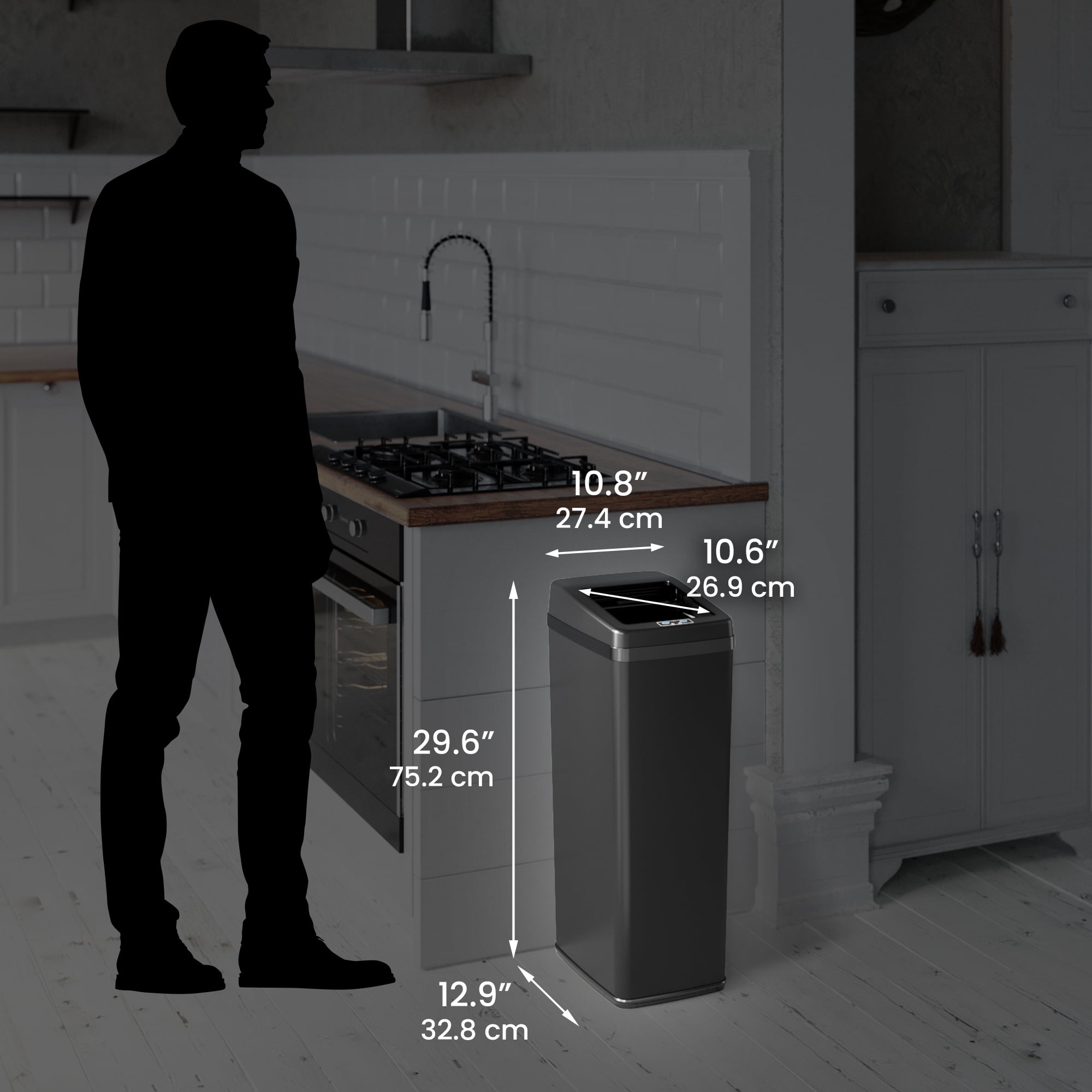 iTouchless 14 Gallon Sliding Lid Automatic Sensor Trash Can with AbsorbX Filter System, 52 Liter Black Steel Touchless Kitchen Garbage Bin