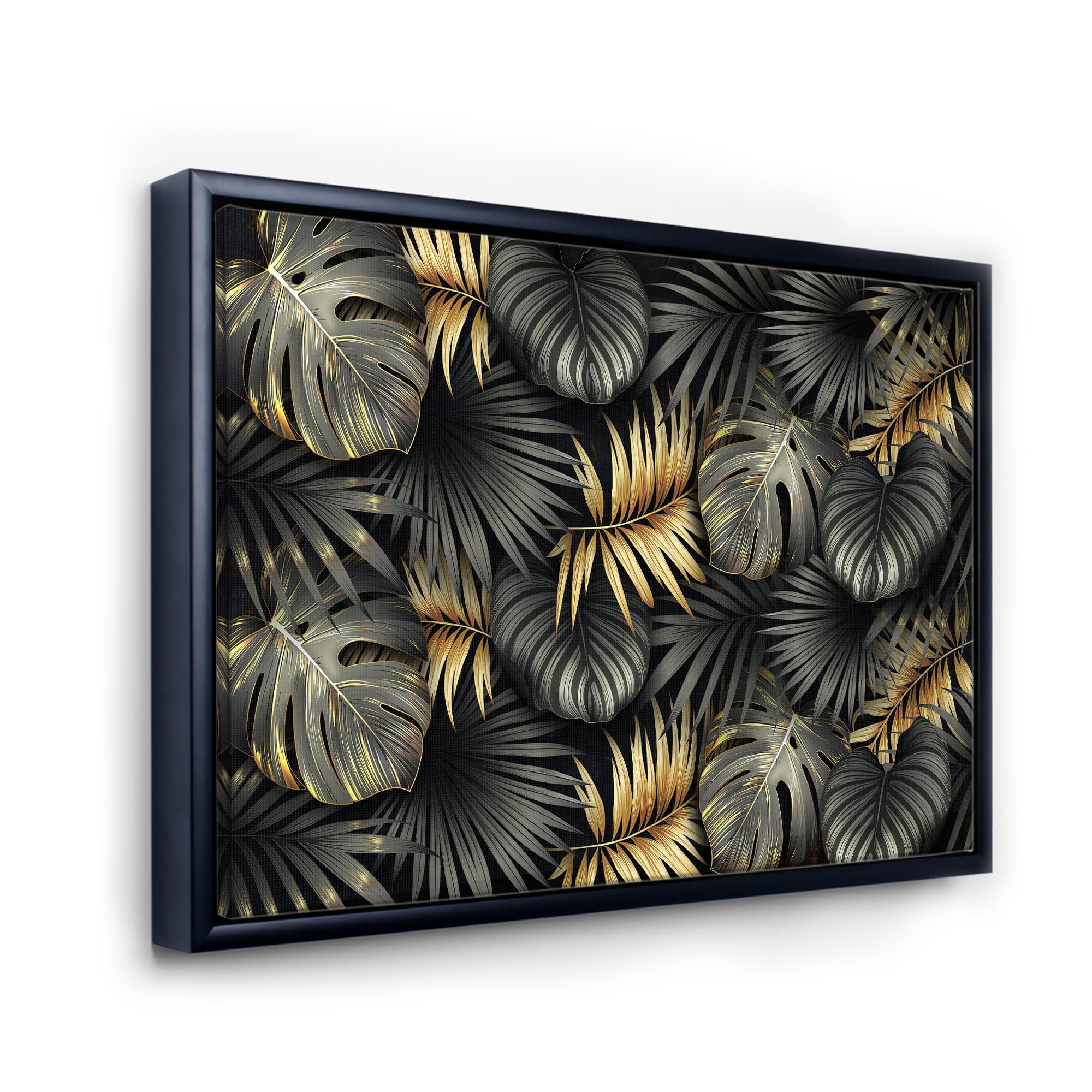 Designart 'Gold and Black Tropical Leaves II' Modern Framed Canvas Wall Art Print