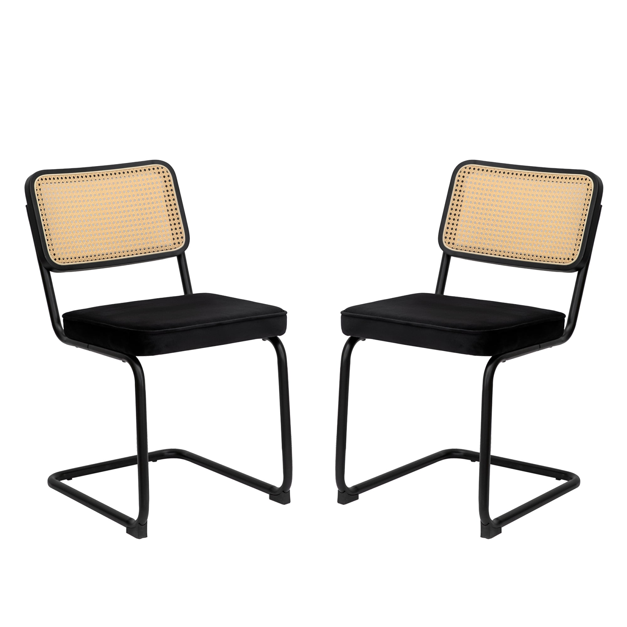 Leumius Set of 2 Dining Chairs, Velvet Rattan Side Accent Chairs with Chrome Legs, Modern Mid Century Breuer Designed Chairs for Dining Living Room Kitchen (Black)