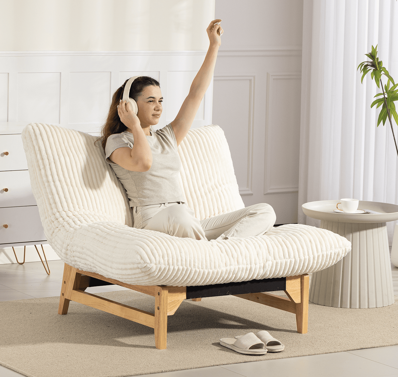 Leumius Accent Armless Chair Lazy Sofa Chair with Solid Wood Frame & Backrest,Corduroy Casual Single Sofa Chair for Living Room,Bedroom,White