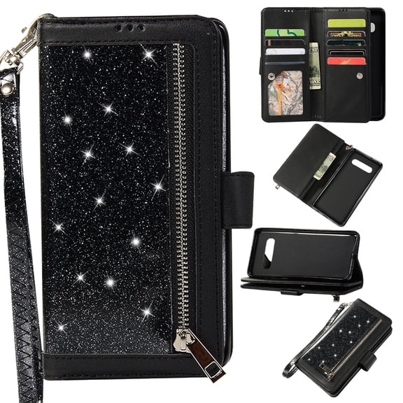 Zipper Wallet Case for Samsung Galaxy S10 Phone, Allytech Bling Glitter Leather Case with 9 Credit Card Holder Flip Magnetic Closure Stand Cover with Cash Pocket and Hand Strap, Black