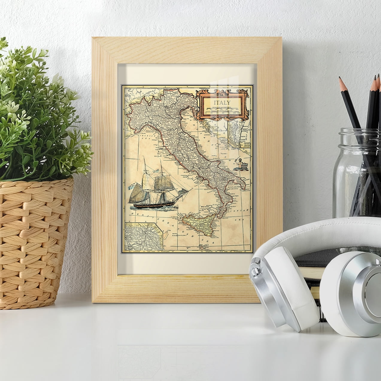 Italy Map -Framed Print w/glass-Natural Wood