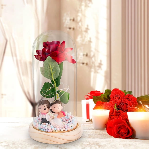 Regalos de flores de rosas, rosa iluminada en cúpula de cristal, adorno creativo de mesa, regalo del Día de San Valentín, flor Artificial para ella , Pareja de bases Pareja de bases de madera BLESIY luz de mesa