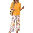 thumbnail image 2 of Women’s Casual Printed Two Piece Outfit Button Down Three Quarter Sleeve Top and Wide Leg Long Pants Set for Daily Wear, 2 of 7