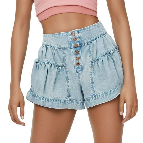 WAYUTE Shorts for Women Frilled Denim Shorts for Summer Casual Elastic Waist Pocket Shorts Comfortable Lightweight Shorts