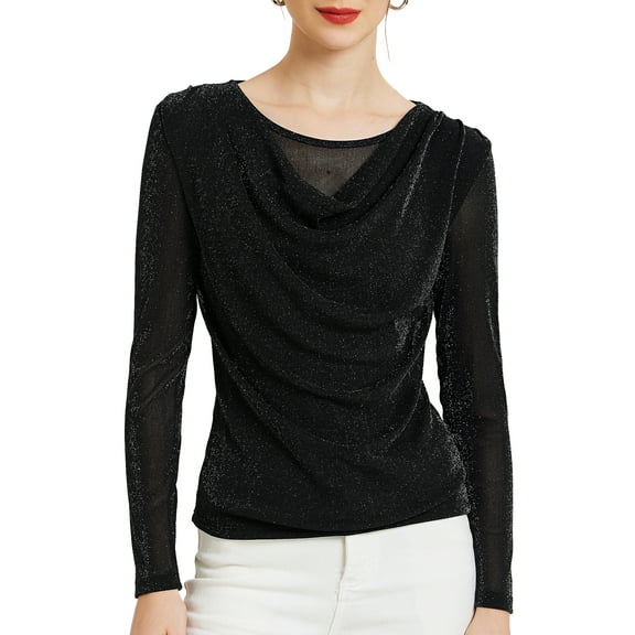 INSPIRE CHIC Women's Ruched Cowl Neck Long Sleeves Glitter Praty Club Top S Black