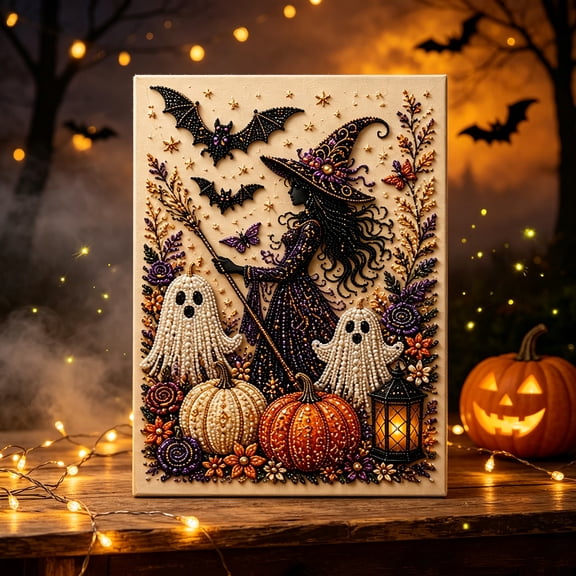 Halloween Witch Pearl Art DIY Kit, Spooky Ghost 3D Diamond Painting Crafts for Adults, DIY Fall Home Decor Wall Art, Beginner DIY Seasonal Party Gift