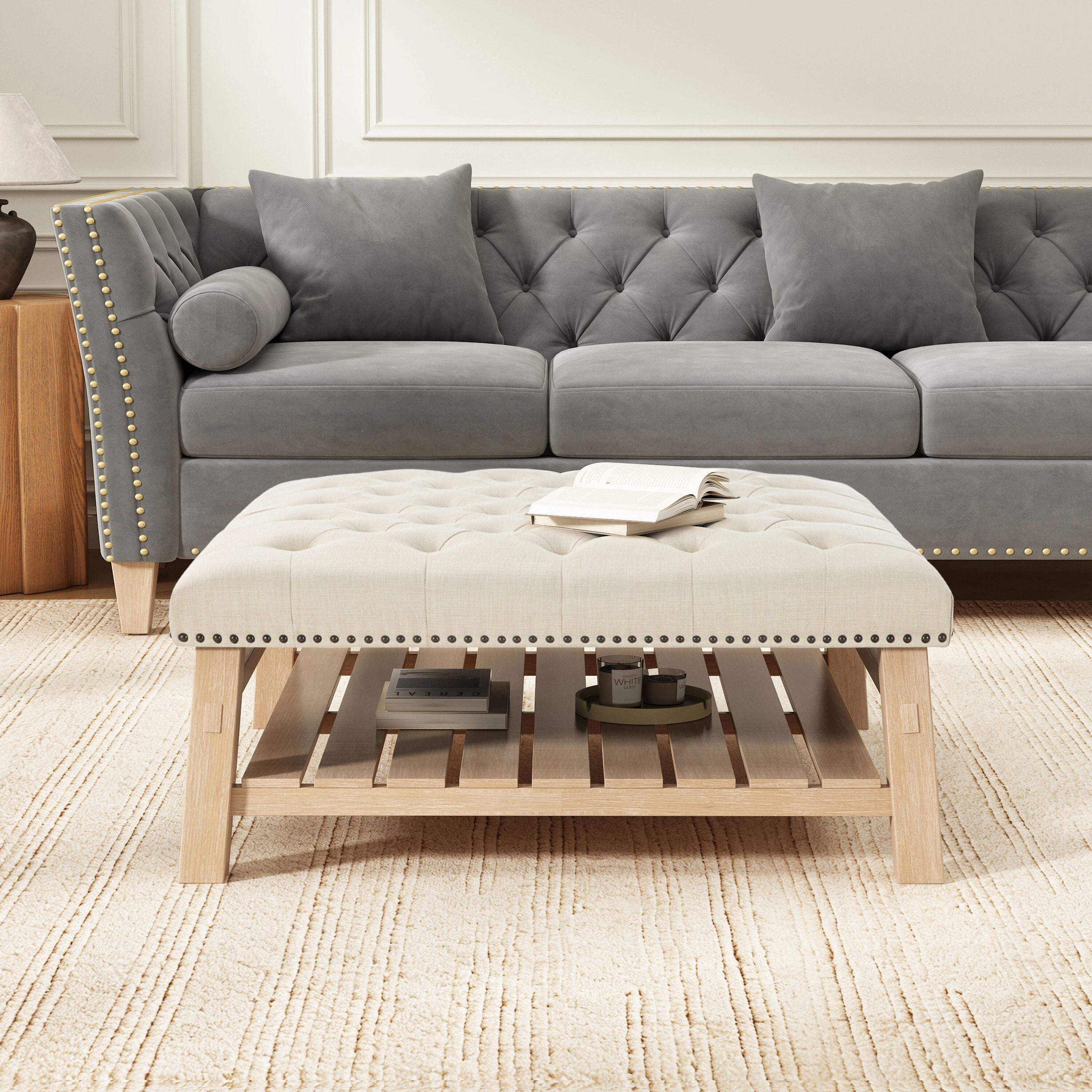 Euroco Large Square Ottoman Coffee Table,Linen Upholstered Footrest Ottoman with Shelf Storage,Nailhead Trim & Solid Wood Legs for Bedroom Living Room,Beige