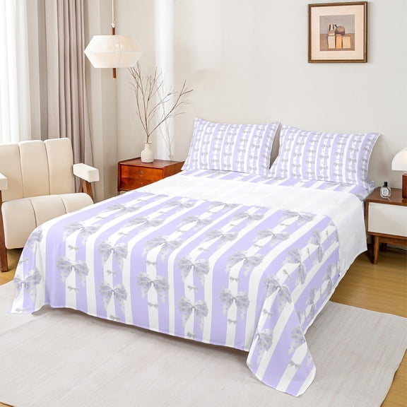 Homewish Cute Bowknot 3pcs Twin Sheet Sets for Female Men Teens,Polka Dots Twin Fitted Sheet,Geometric Stripes Breathable Flat Sheet,Lightweight Room Decor