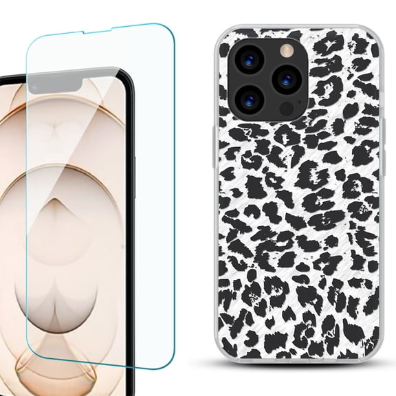 Slim-Fit Anti-Scratch Gel TPU Phone Case for iPhone 13 Pro, with Tempered Glass Screen Protector, by OneToughShield ® - Cheetah B/W