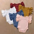 thumbnail image 3 of Rompers for Girls Minimalist Solid Short Sleeve Crew Neck Infant Ruffle Trim Bodysuit Spring Summer Versatile Outfit, 3 of 5