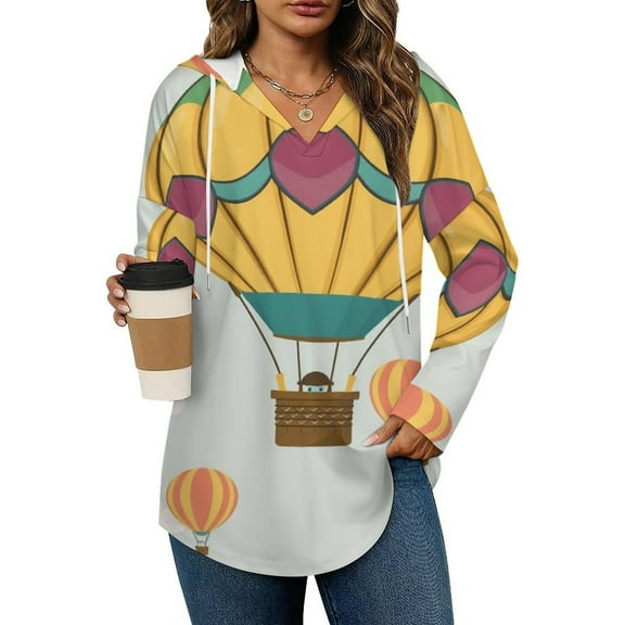 Hot Air Balloon Women's V-neck Casual Sports Hooded Sweatshirt