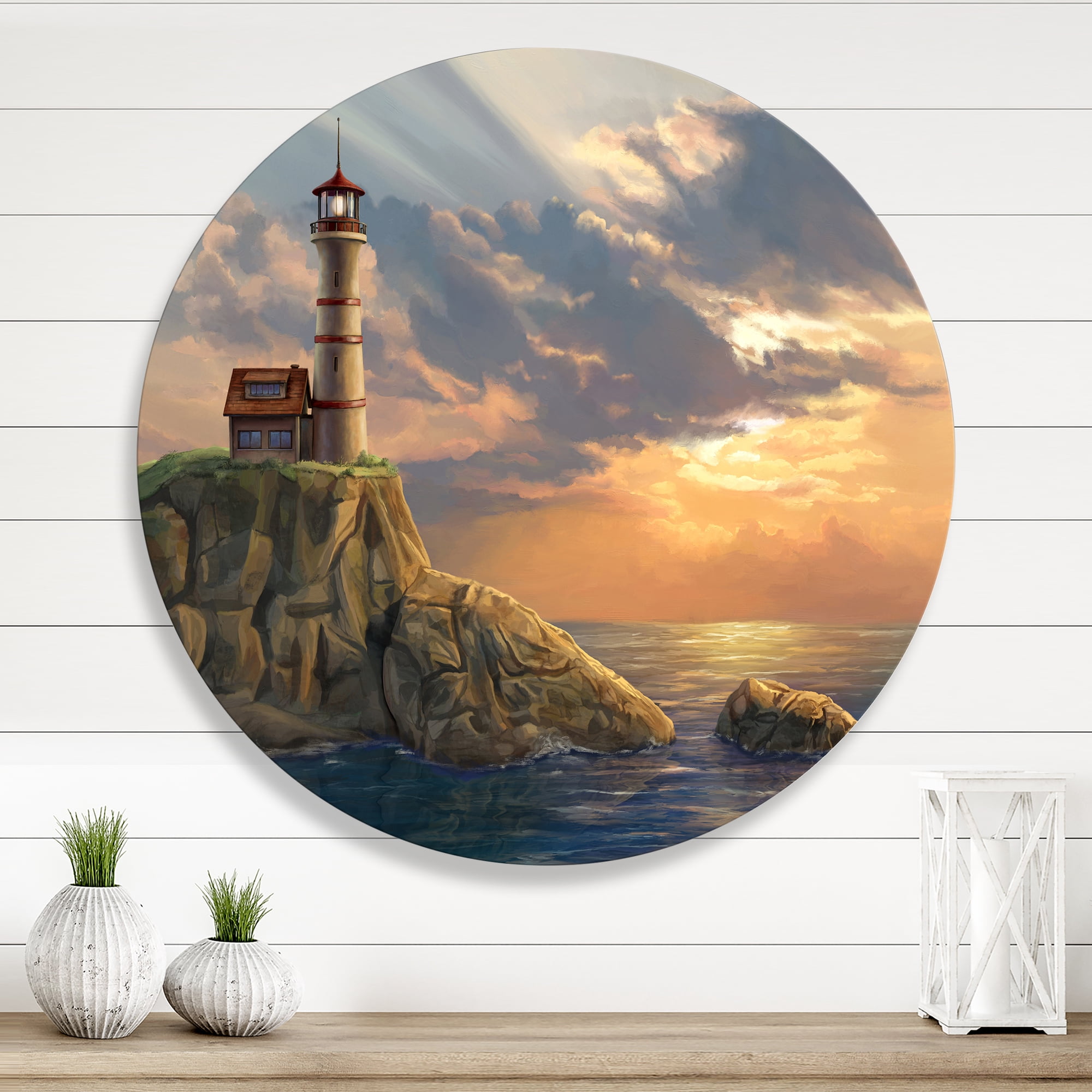 Designart 'Lighthouse On A Rocky Coastal Cliff At Evening Light' Nautical & Coastal Circle Metal Wall Art 11x11 - Disc of 11