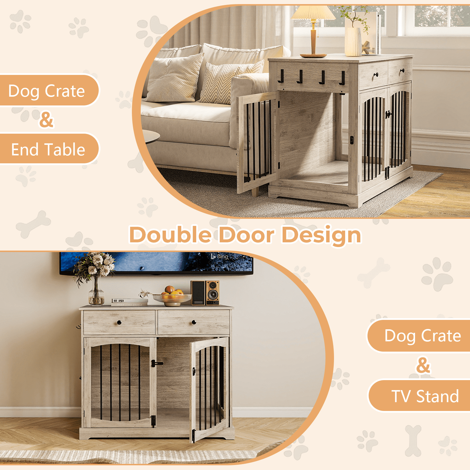 Flictozena 40 Inch Dog Crate Furniture - House Style Wooden Pet Kennel End Table with 2 Doors & Storage Drawers for Indoor Large Dogs, Gray