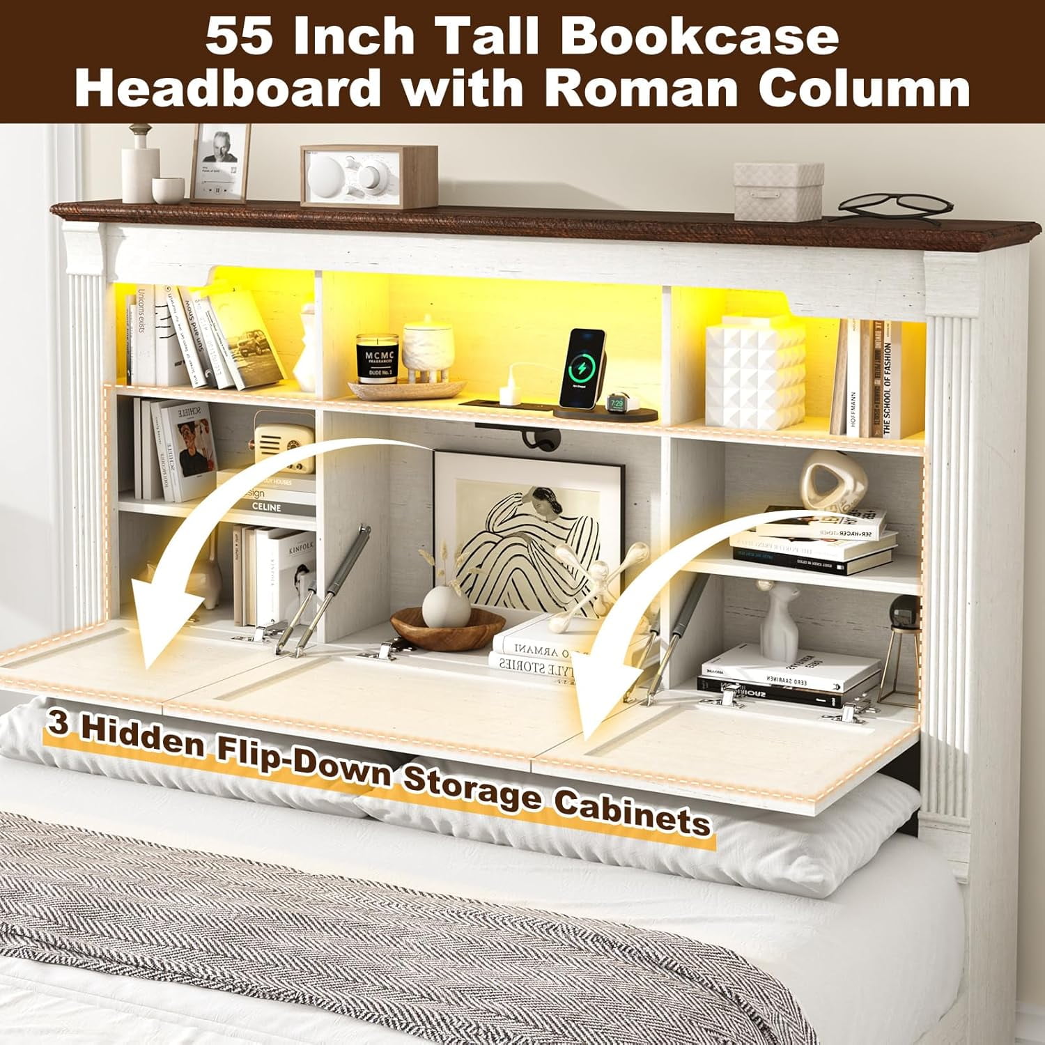 Blotout Farmhouse Queen Size Bed Frame with 55" Tall Storage Bookcase Headboard & 4 Drawers, Wood Platform Bed Frame with 24" Roman Colum Footboard, LED Light, Charging Station, No Box Spring Needed