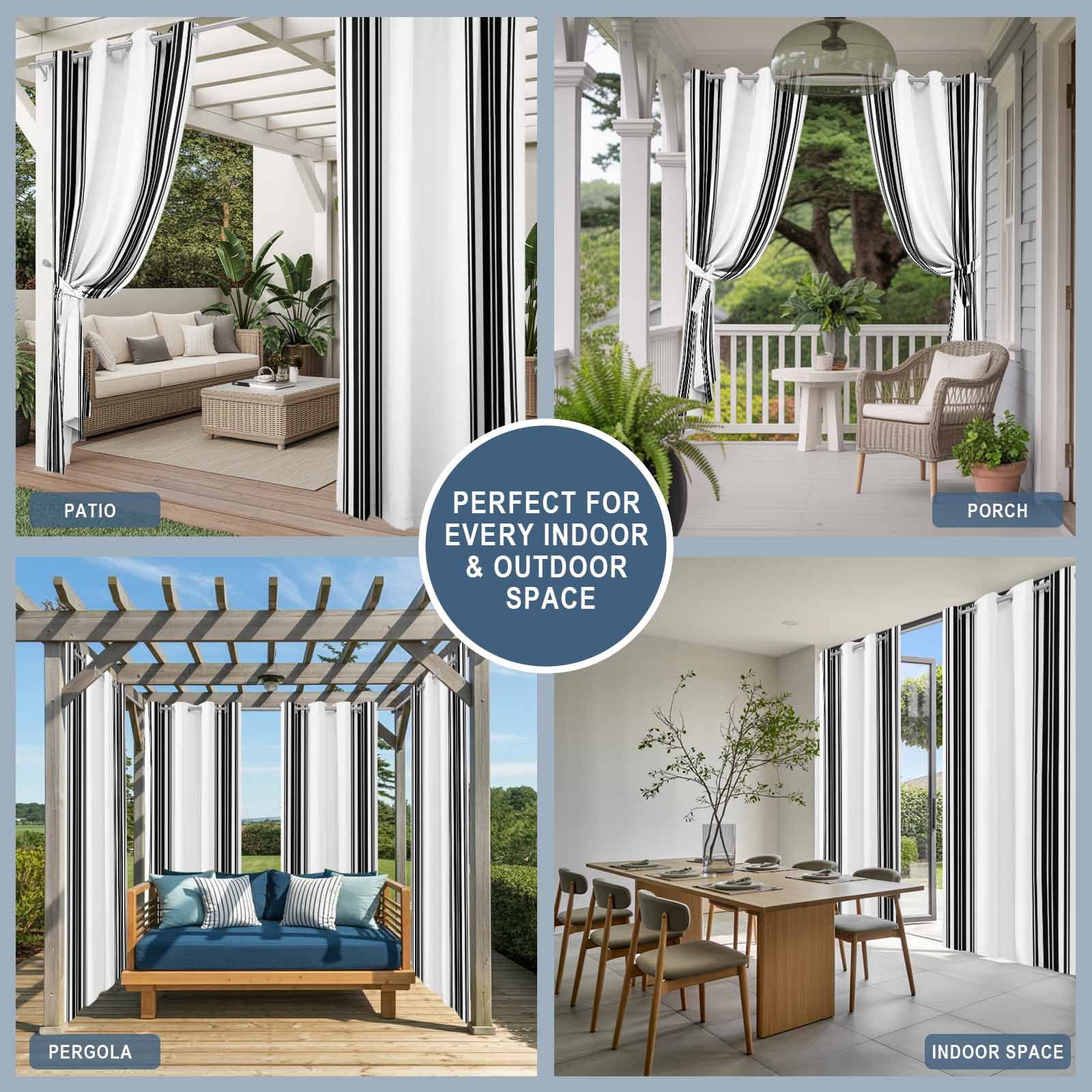 Colorful Stripes Outdoor Curtains for Patio Waterproof, Black Wood Texture White Grommet Curtains for Porch Outside Privacy Drape for Gazebo Garden Pergola, 2 Panels, 54x95in