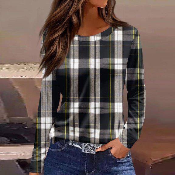 Long Sleeve Tunic Tops for Women Casual Crewneck Plaid T Shirts Elegant Fall Winter Sweaters Loose Fit Chic Blouse Dark Gray XL