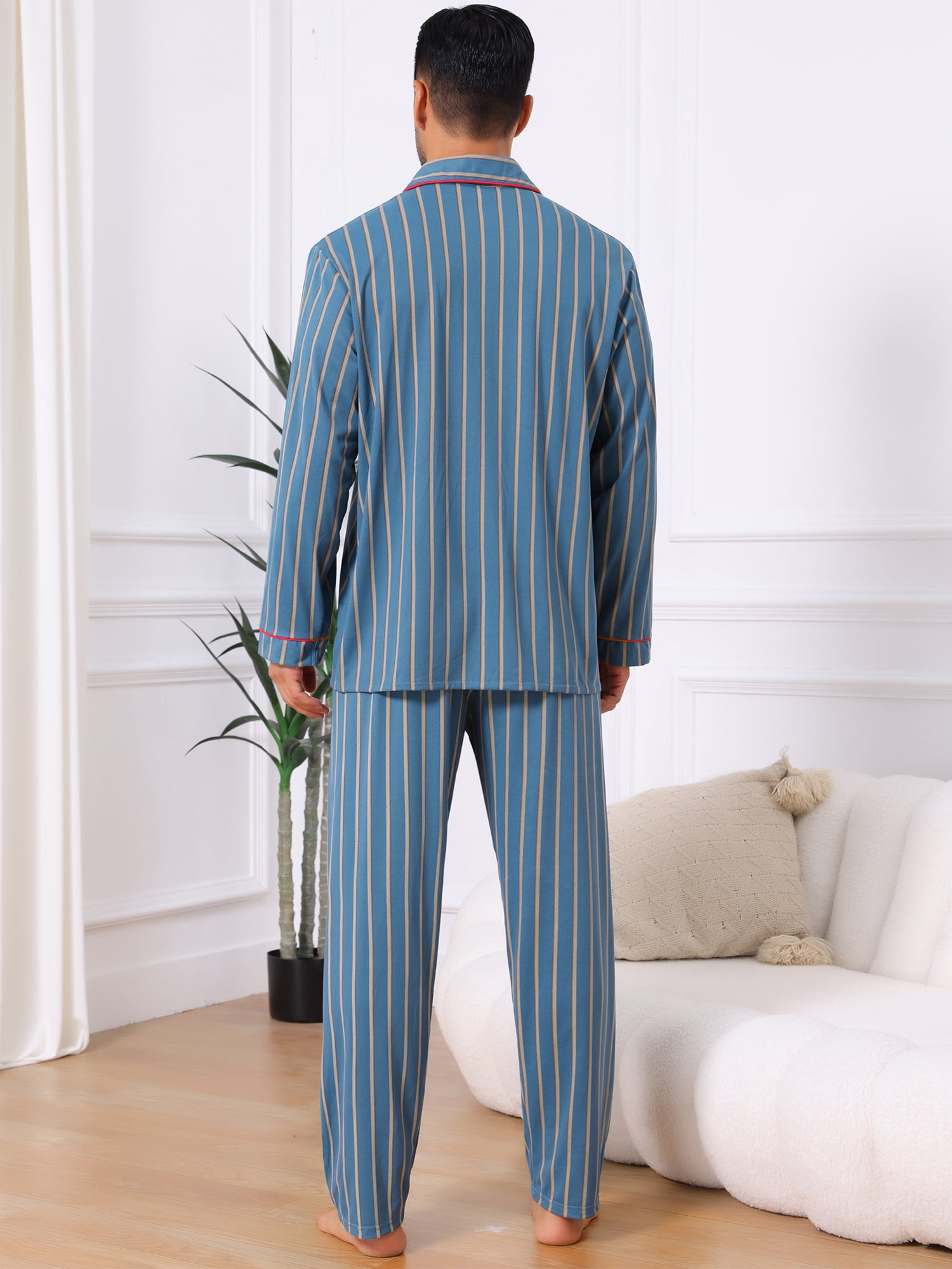DARING DIVA Men's 2-Piece Long Sleeve Button Down Pocket Pajamas Set M Blue Khaki