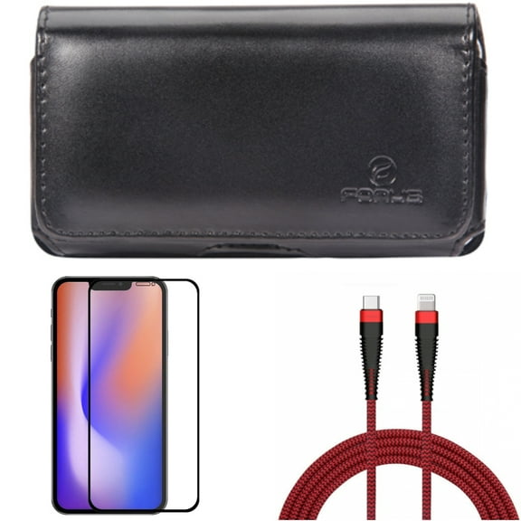 Case Belt Clip & Screen Protector & PD Cable for iPhone 13/Pro ONLY - Leather Swivel Holster   Anti-Glare Tempered Glass Matte   10ft USB-C to iPhone Charger Combo