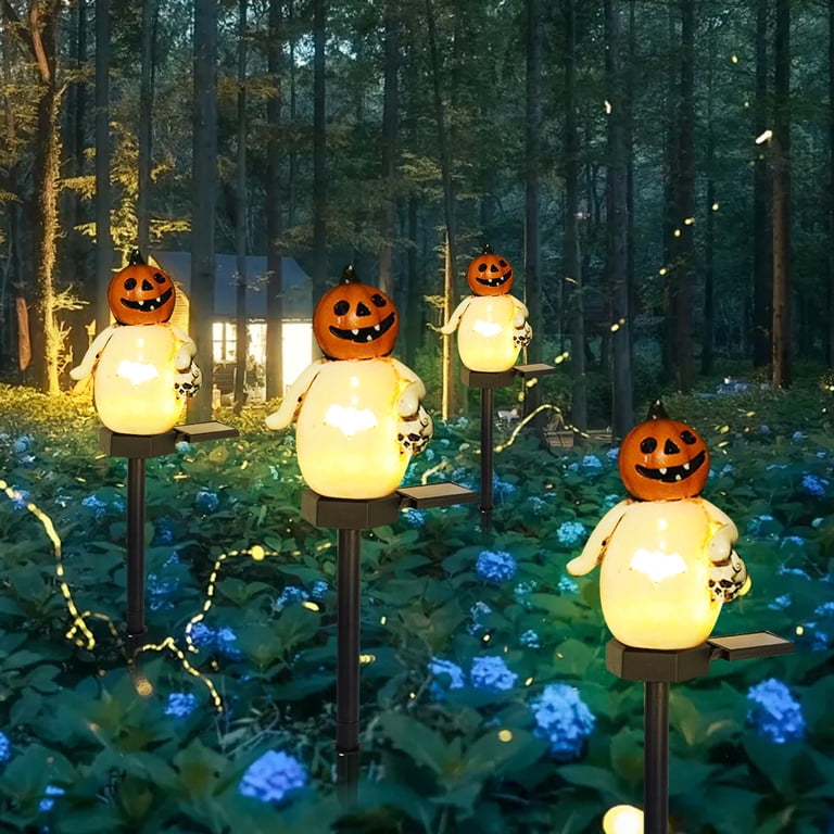 4 Pack Solar Halloween Skull Lights - Outdoor Flickering Flame Torch Lights For Patio Yard