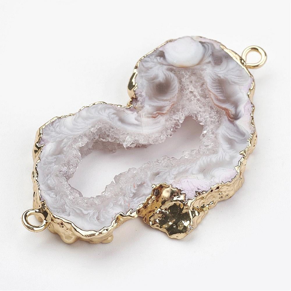 Natural Geode Agate Links connectors with Brass Findings Nuggets Golden 26~54x14.5~30x4~5.5mm Hole: 2mm