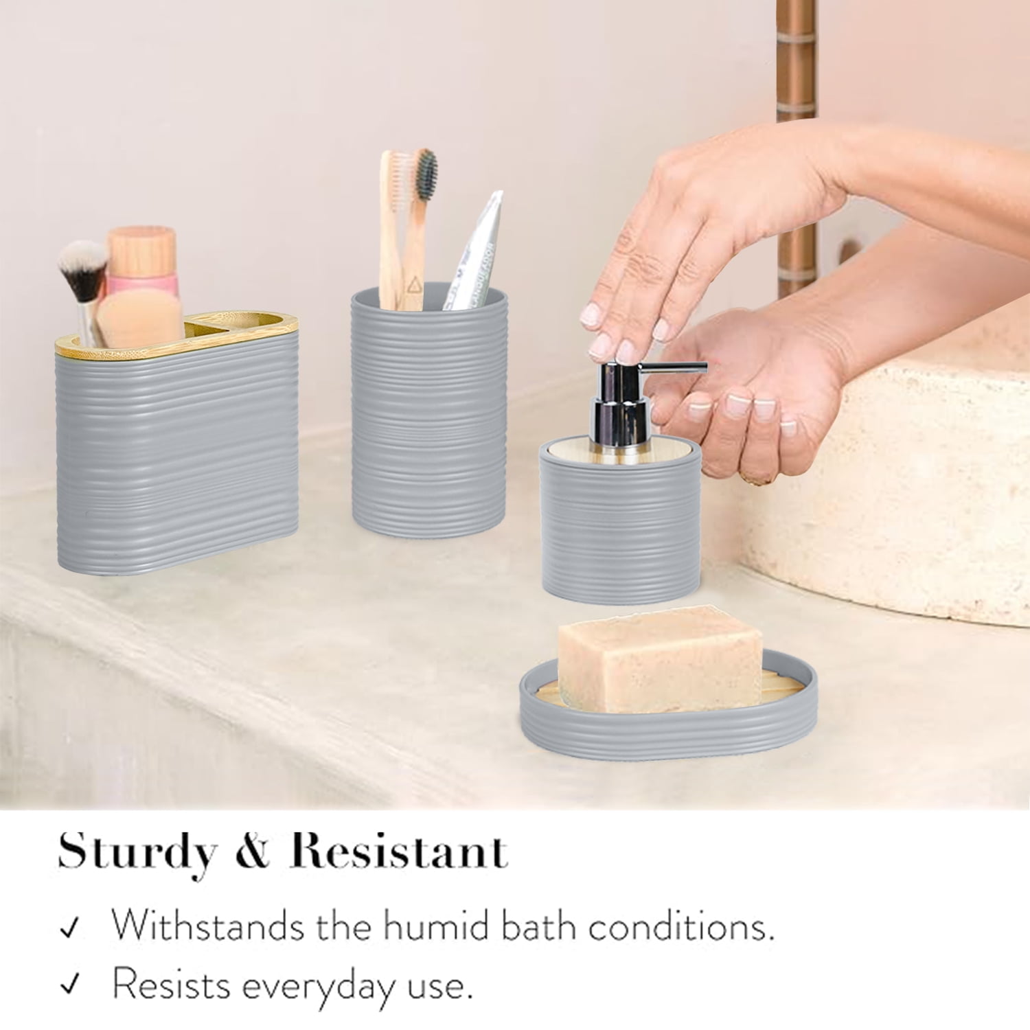 CERBIOR Bathroom Accessories Set 6 Pcs Bathroom Set Ensemble Complete Soap Dispenser Toothbrush Holder Tumbler Soap Dish Toilet Cleaning Brush Trash Can, Grey
