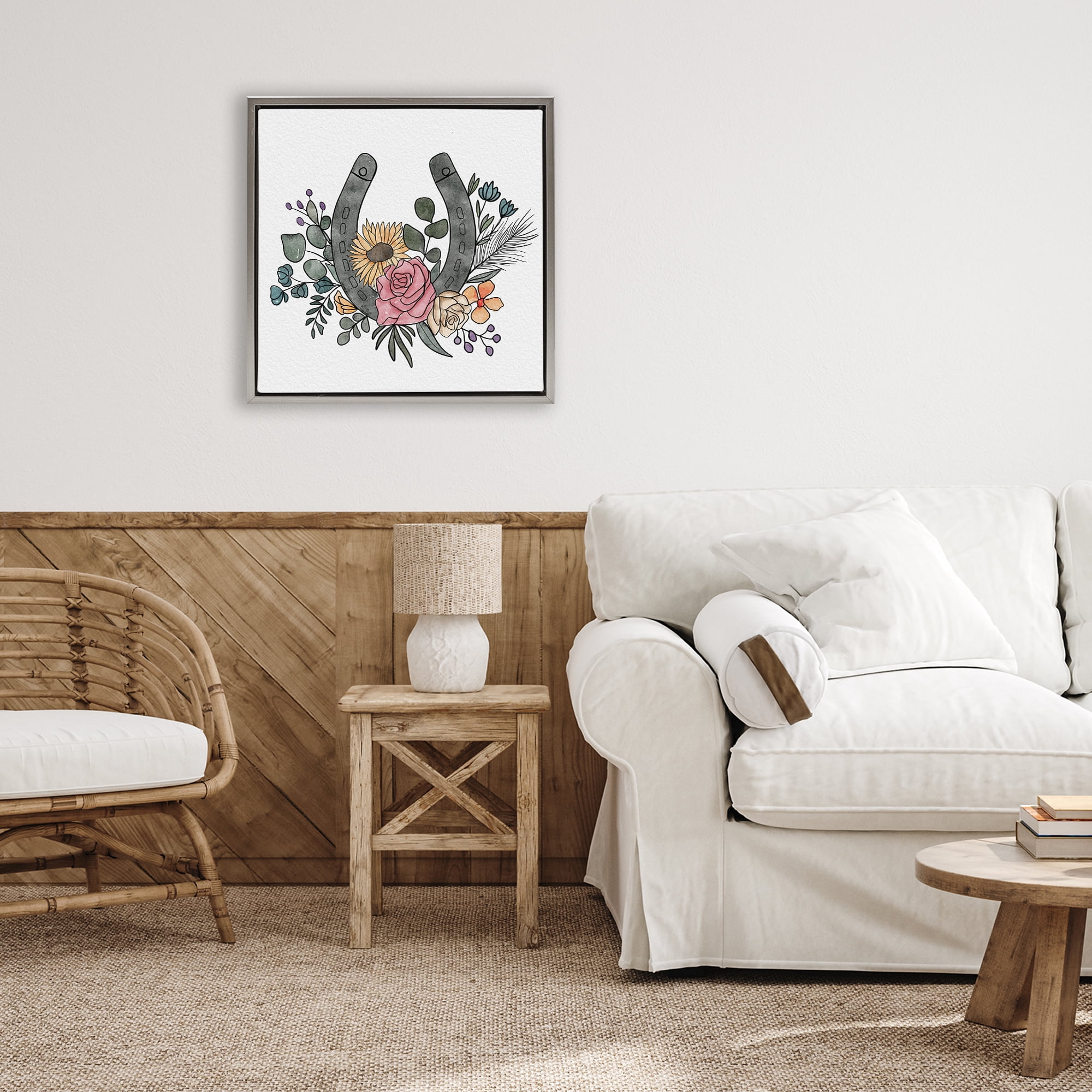 Stupell Industries Boho Floral Horseshoe Gray Framed Floater Canvas Wall Art, design by Alisha Kiara Design