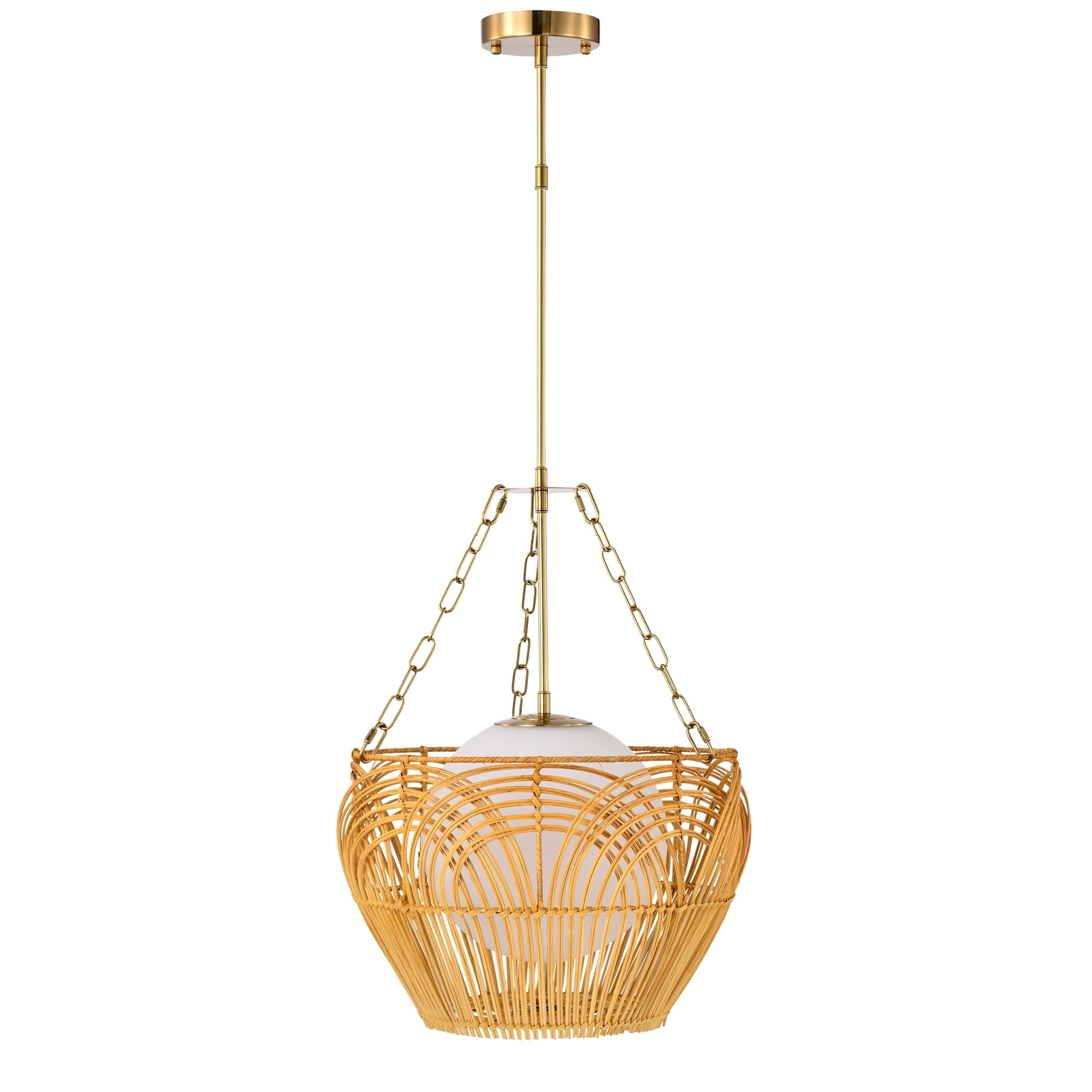 Caddie 15 in. 1-Light Indoor Brass and Woven Rattan Finish Pendant with Light Kit