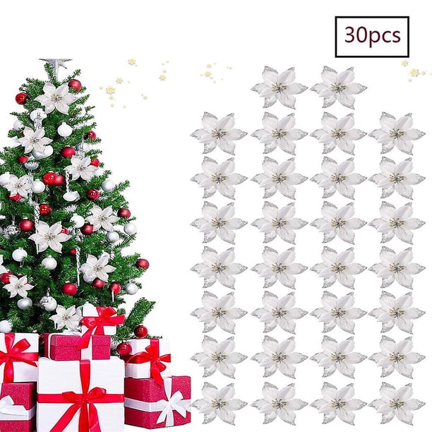 30 piezas de flores decorativas navideñas, flores para decoraciones navideñas, decoración de copos de nieve, decoraciones artificiales para árboles, corona navideña para árboles de Navidad.