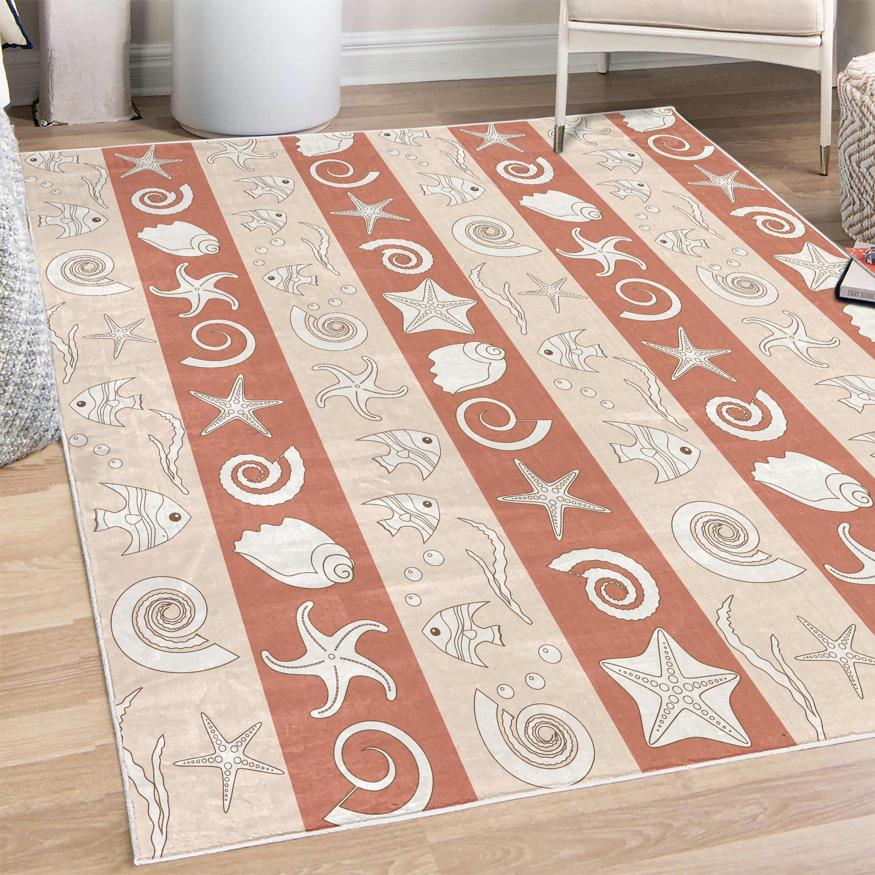 Sea Rug Animal Nautical Decorative Rug, Marine Theme Sea Animals Fishes Shells on ...