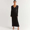 Tossy Autumn New V-Neck Knit Maxi Dress Women Ribbed Elegant Long Sleeve Streetwear High Waist Pleated Dresses Ladies KnitwearS Gao Jinjia LED