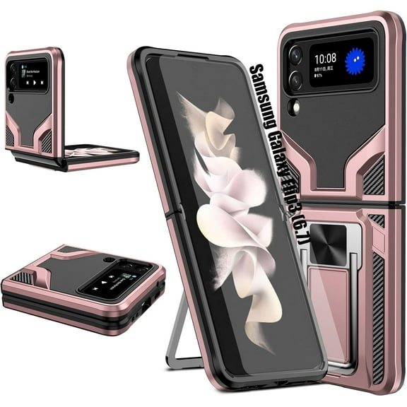 Compatible Samsung Galaxy Z Flip3 Heavy Duty Military Grade Shockproof Kickstand Case Double Protection (TPU PC) Solid and Durable Magnetic Car Phone Case, Suitable for 6.7 Inches (Rose Gold)