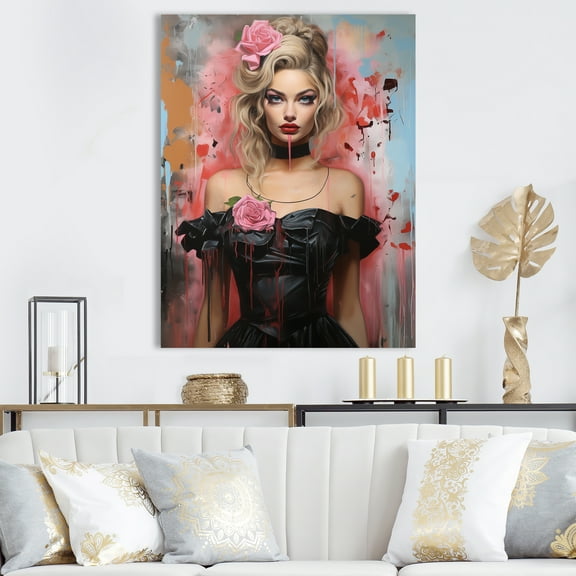 Designart "Glamorous Blonde Woman Portrait III" Fashion Canvas Wall Art - Glam Pink Woman Bedroom Canvas Wall Art